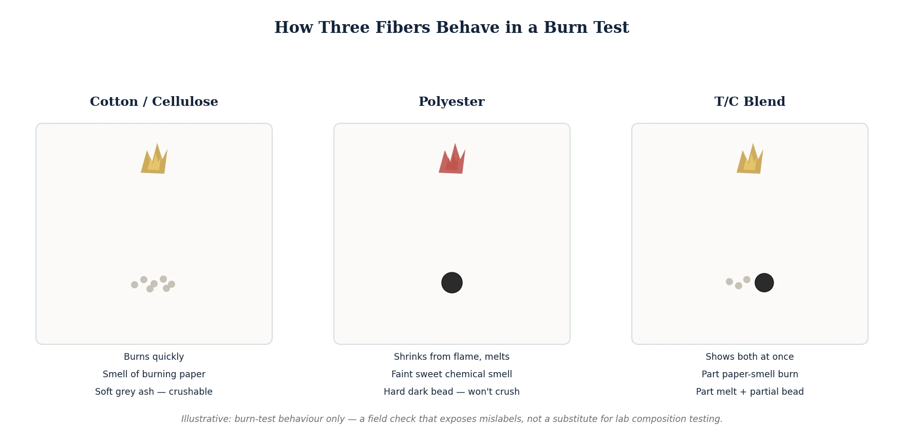 Three-panel comparison of burn behavior: cotton burns with a paper smell and soft ash, polyester melts to a hard bead, and a T/C blend shows both behaviors (illustrative field check, not lab values)