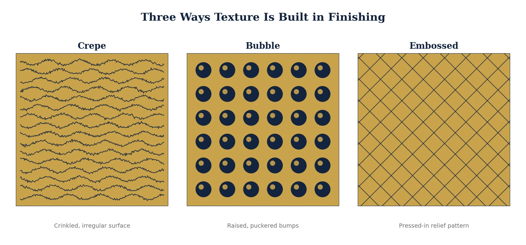 Three panels illustrating crepe, bubble and embossed fabric textures built in finishing